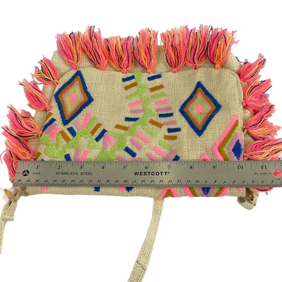 America & Beyond Purse Satchel Bag Aztec Design Embroidered Fringe Jute Nwt - Picture 4 of 9